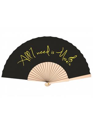 Hand fan ''All I need is music'' golden wood